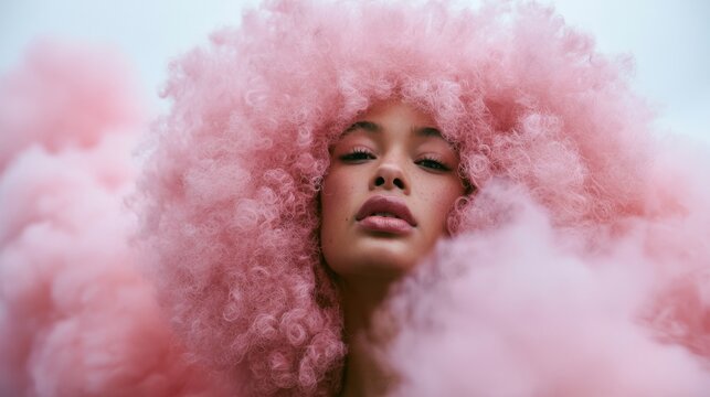 Close-up portrait of a young woman with voluminous pink curly hair and soft pink smoke surrounding her face in an artistic and captivating fashion style