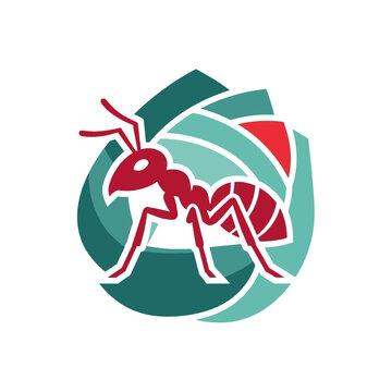 Stylized red ant illustration with abstract teal circular background