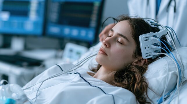 Young woman undergoing brain monitoring with electrodes on head lying in hospital bed during neurological examination in medical environment
