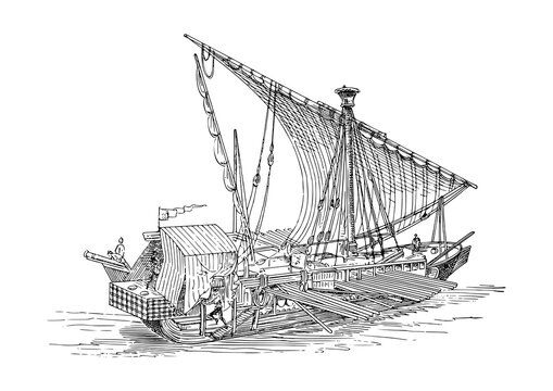 A simple black and white line drawing of a small traditional wooden sailboat on the water