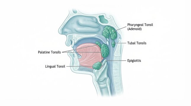 The lymphatic system including lymph nodes, tonsils, and related anatomy in a human head and neck area.
