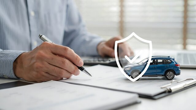Man signing car insurance policy with vehicle protection symbol