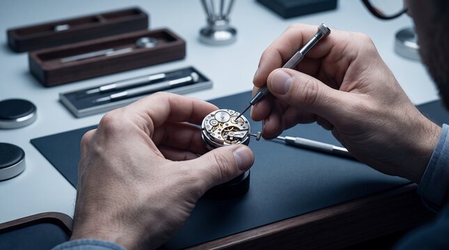 Skilled craftsman repairing delicate watch movement closely