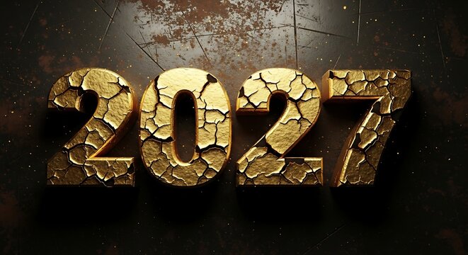 Three dimensional gold numbers 2027 with a cracked surface texture isolated on a dark rustic metal background surface