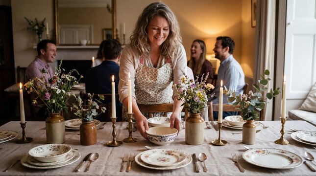 Woman hosting dinner party setting table with flowers and candles for guests