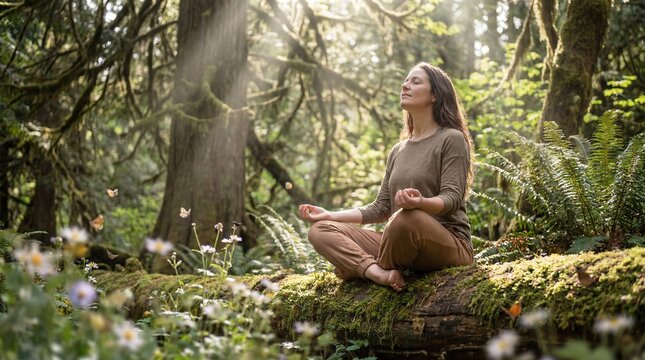 Woman practicing breathwork in serene forest clearing for relaxation and mindfulness