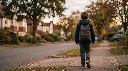 Obraz premium Boy walking down suburban street with backpack in autumn