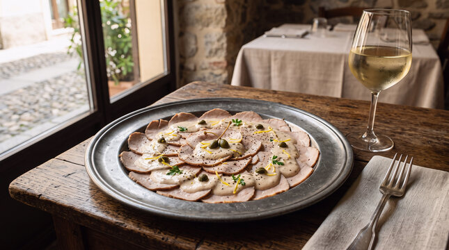Authentic Italian Vitello Tonnato with tuna caper sauce on antique platter