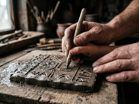 Craftsman Teaching Student Inscribing Ancient Glyphs on Clay Tablet