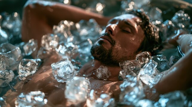 Relaxed man with closed eyes lying in a bath filled with ice cubes for cold therapy and muscle recovery after workout or physical activity indoors