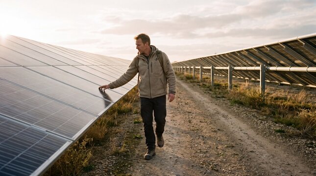Male engineer inspecting photovoltaic solar panels at a renewable energy power station during sunset