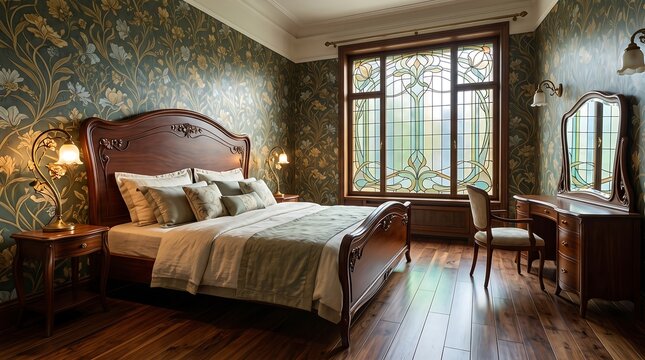 Elegant vintage bedroom interior with ornate wooden bed frame patterned wallpaper and classic antique furniture decor