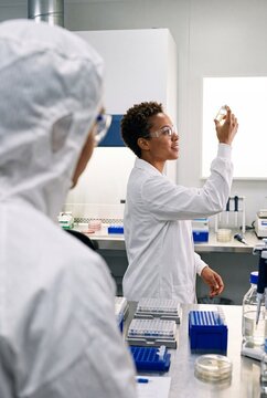 African American female scientist examining liquid sample in vial working in modern research laboratory