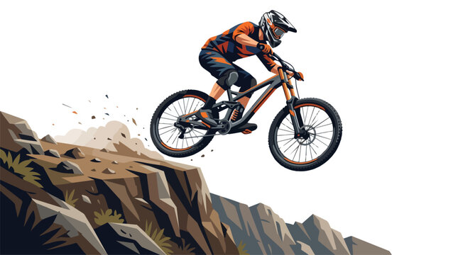 Mountain biker performing a daring jump off a steep rocky ledge.