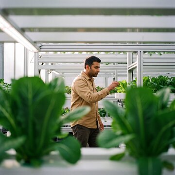 Male agricultural specialist inspecting leafy green crops inside a modern vertical hydroponic indoor farm greenhouse