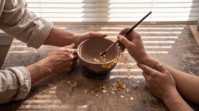 Hands applying gold leaf to a ceramic pottery bowl using a paintbrush in a sunlit art workshop