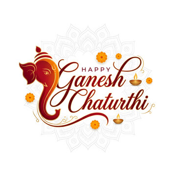 Happy Ganesh Chaturthi sitting Lord Ganesha with mandala background and marigold garland
