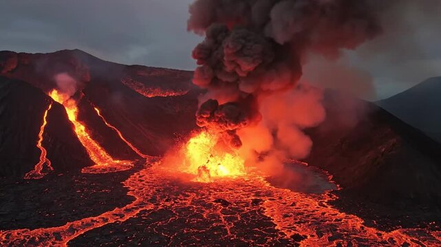A powerful volcanic eruption with glowing lava flows at night