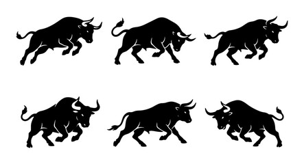 Naklejka premium Dynamic Bull Silhouettes, Powerful Bovine Poses, Aggressive Animal Icons, Fierce Livestock Vector Graphics, Wild Mammal Collection