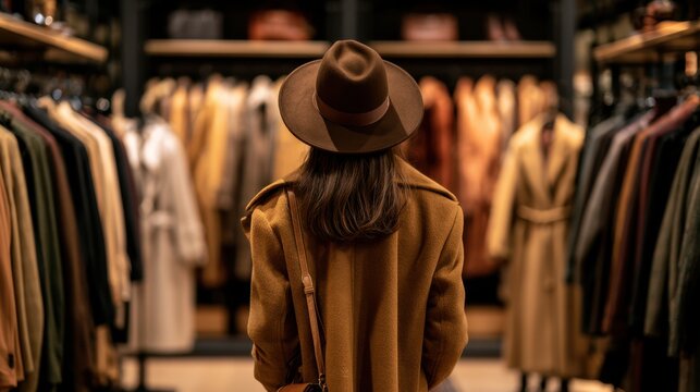 Woman wearing a brown hat and coat shopping in a luxury boutique, browsing elegant clothing items on racks with warm lighting and cozy atmosphere