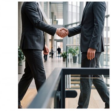 Two Businessmen Shaking Hands in Modern Corporate Office Hallway