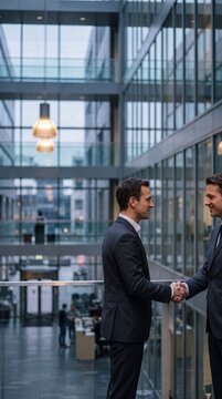 Two professional businessmen in suits shaking hands on a modern glass office atrium balcony after a successful meeting