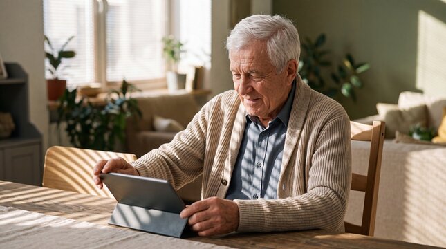 Senior man using a digital tablet while sitting at a wooden dining table in a sunlit living room