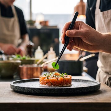 Professional Chef Plating Gourmet Salmon Tartare with Microgreens in Commercial Restaurant Kitchen