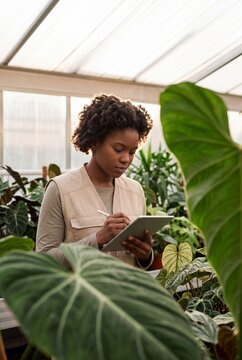 Young African American female botanist using a digital tablet with stylus to inspect plants in a modern greenhouse nursery