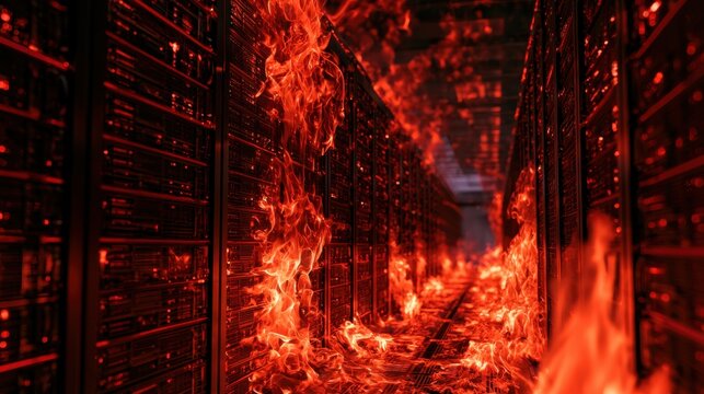 Intense fire engulfing rows of electronic server racks in dark data center corridor indicating critical data center emergency and technology infrastructure hazard