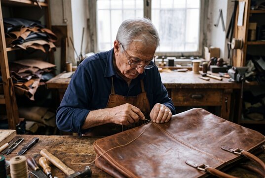 Senior male artisan wearing glasses hand stitching a bespoke brown leather bag with traditional tools in his rustic workshop