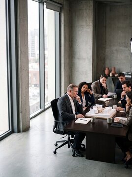 Diverse corporate team of architects and executives discussing a building model during a boardroom meeting in a modern office
