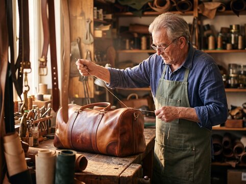 Senior male artisan stitching a handcrafted leather travel bag in his traditional workshop