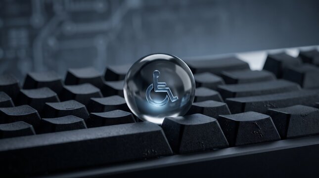 Digital Web Accessibility Concept with Disability Wheelchair Symbol Inside Glass Sphere on Black Computer Keyboard for Assistive Inclusive Technology