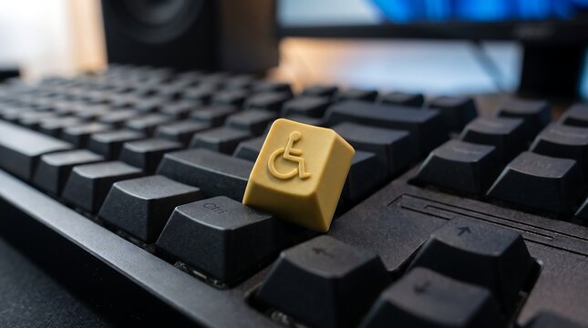 Yellow Keycap with Wheelchair Disability Symbol on Black Computer Keyboard for Digital Accessibility, Assistive Technology, Inclusive Design, and Inclusive Computing Concept