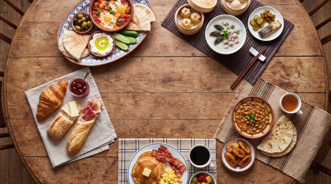 Traditional international breakfast dishes from around the world including shakshuka pancakes dim sum croissant and coffee on rustic wooden table with copy space