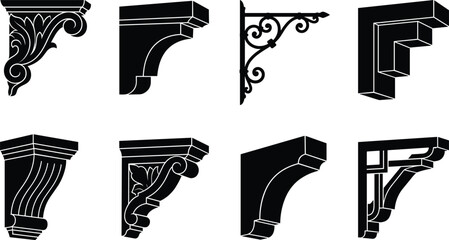 Architectural corbel and decorative bracket vector set featuring classic ornate and modern wall support silhouettes isolated on white © Hunufa