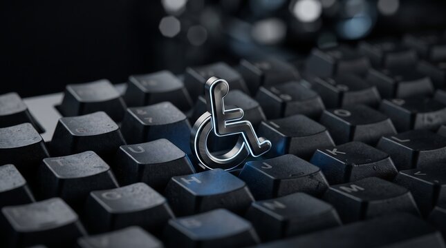 Metallic Accessibility Disability Icon on Black Computer Keyboard Representing Web Accessibility, Assistive Technology, and Digital Inclusion
