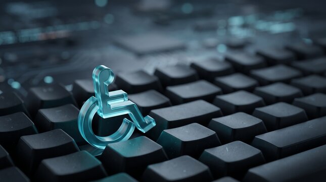 3D Glass Wheelchair Disability Icon on Computer Keyboard Representing Digital Web Accessibility, Assistive Technology, Inclusive Computing, and ADA Compliance