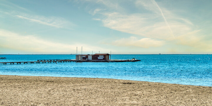 View of a shed on stilts installed on the seashore in San Javier, Mar Menor (Santiago de la Ribera)