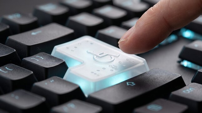 Finger Pressing Glowing Keyboard Key with Wheelchair Accessibility Icon and Braille, Symbolizing Digital Inclusion, Assistive Tech and Inclusive Web Access