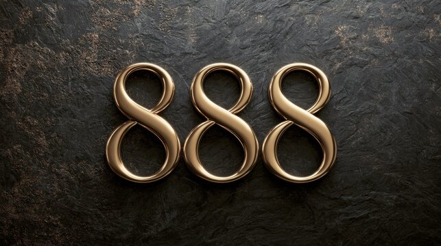 Shiny golden number eight set arranged in triple digit 888 on dark textured surface symbolizing luck fortune and prosperity in modern style