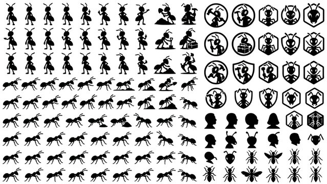 Black ant silhouette collection and worker insect logo icons