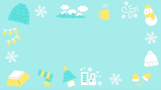 水色背景に冬のアイコンがゆらゆら揺れるフラットでかわいいループアニメーション動画