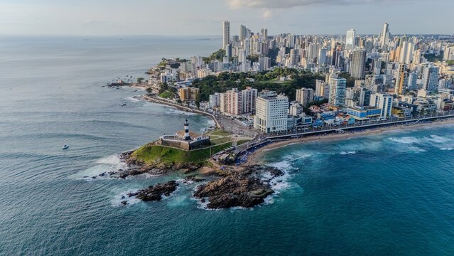 Aerial view of Farol da Barra and Salvador skyline