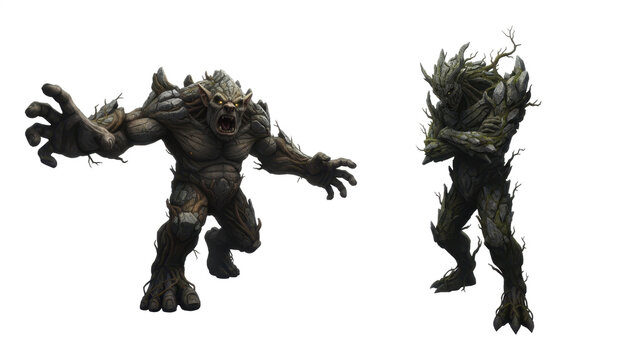 Two Fantasy Forest Monsters and Stone Tree Creatures