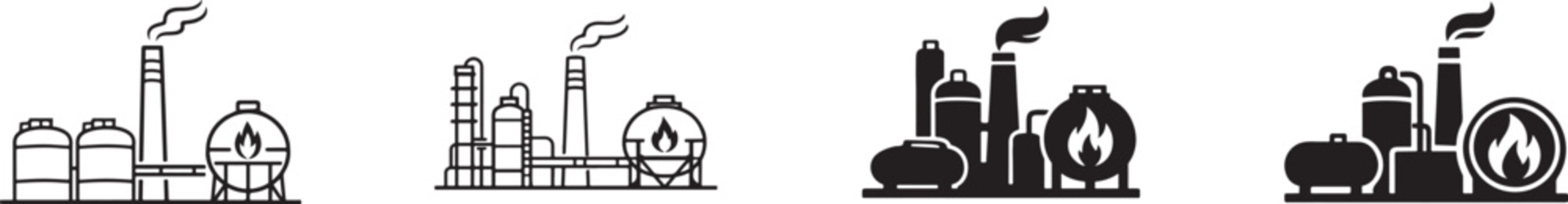 Gas production icon set in black and white styles for energy, industry, fuel, pipelines, processing.
