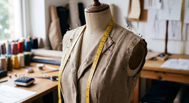 Close view of a pinned cream toile bodice on a dress form with measuring tape around the neck and blurred tailoring tools in the background, for precise garment workshop production