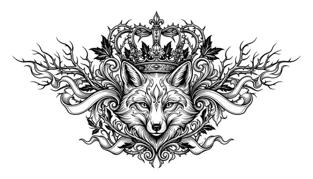 Vintage engraving illustration of a wolf head surrounded by intricate floral and crown ornaments with animal illustration crown ornament black and white retro design