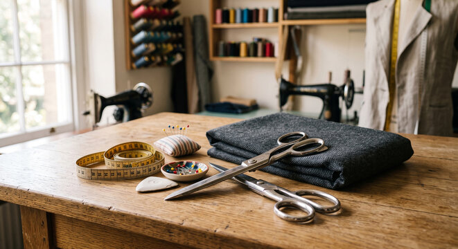 Tailoring worktable with folded dark wool fabrics, large shears, yellow measuring tape, pincushion, chalk, and sewing machines by a window, for precise garment workshop production